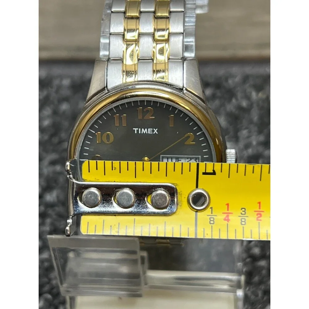 TIMEX Day Date Watch T2N093 Quartz Indiglo Black Dial Stainless Gold Flex Band